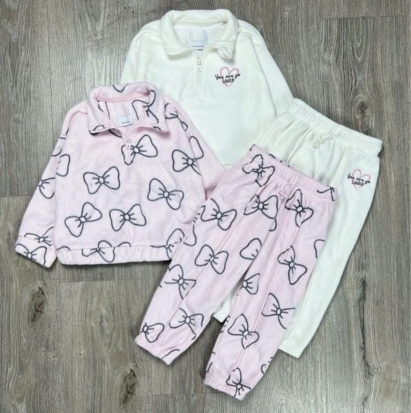 BBG26 - Bộ nỉ GGJJ 2 màu hồng nơ/trắng kem cho bé gái size 2-8y