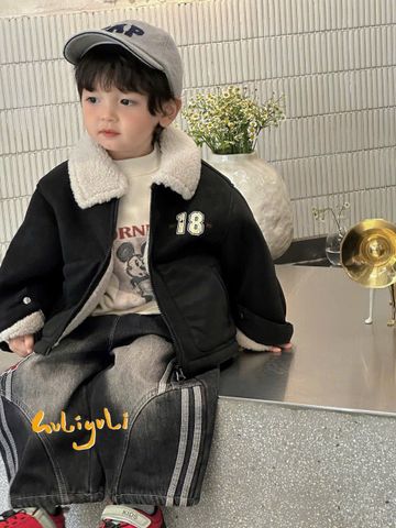 63547 - Áo khoác da cổ phối lông cừu số 18 2 màu đen/nâu bé trai size 90-130