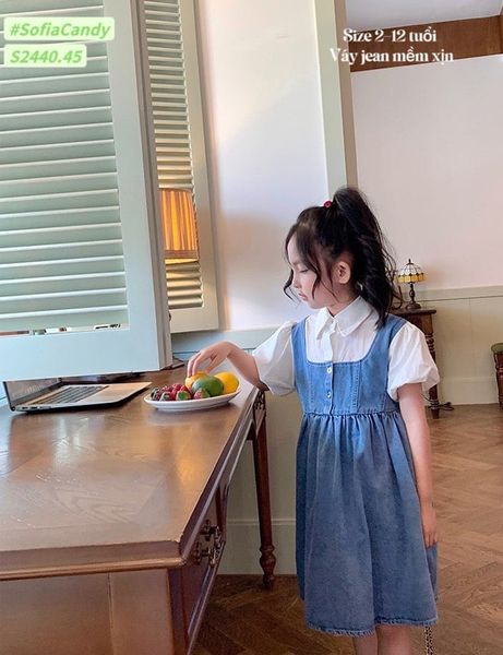 V00039 - Váy Sofia Candy jean phối cổ sơ mi trắng có tay size 2-12y