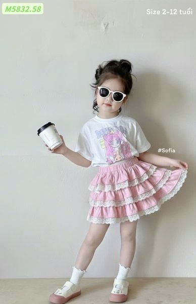 SH2603BBG01 - Set bộ áo cotton + chân váy tầng cho bé size 90-160