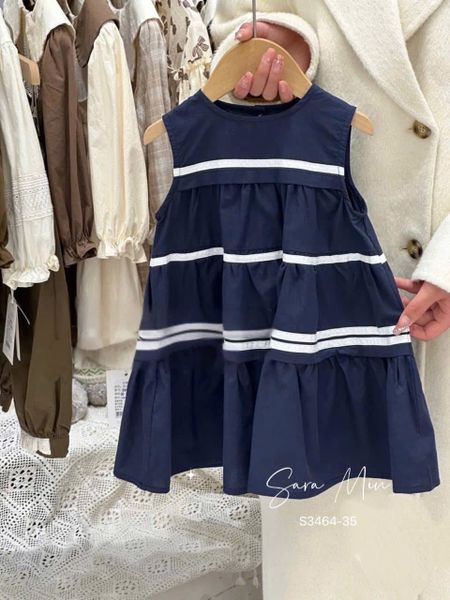 S3464 - Váy Sara Min thô kẻ sọc ngang 2 màu trắng/navy bé gái size 2-12y