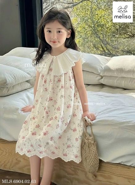 MLSDCC.6904 - Váy Melisa sát nách hoa hồng cổ kem size 1-10y