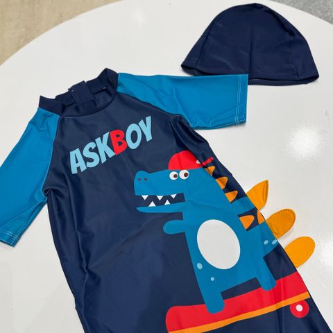 DB00028 - Bộ bơi liền thân kèm mũ màu navy họa tiết khủng long bé trai size 110-160