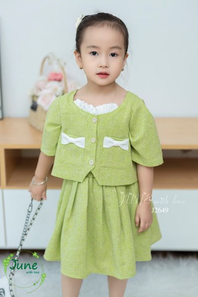 V00167 - Set áo váy dạ text June with love màu xanh 1-10y