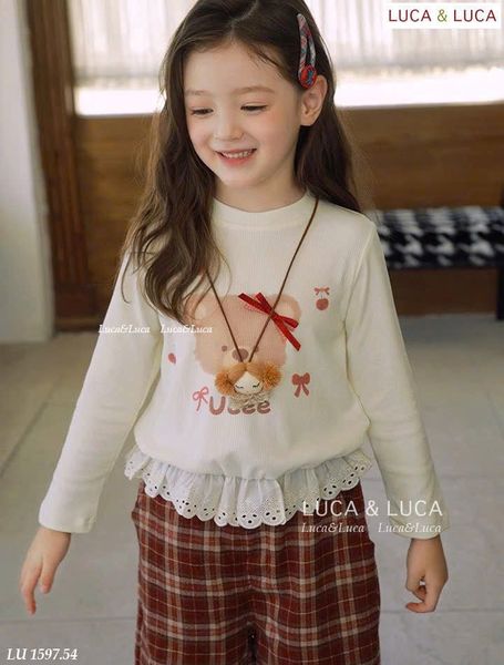 Lu 1597 - Bộ bé gái Luca áo dài tay in gấu phối ren + quần dài kẻ size 2-12y
