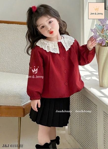 JJ 6155 - Bộ Jam & Jenny áo khoác gió đỏ cổ ren trắng + chân váy xếp ly đen size 2-12y