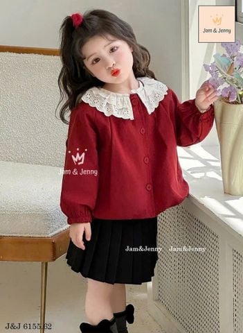 JJ 6155 - Bộ Jam & Jenny áo khoác gió đỏ cổ ren trắng + chân váy xếp ly đen size 2-12y