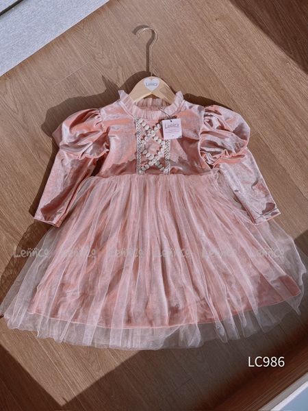 V00114 - Váy nhung phối chân voan 2 màu hồng / đỏ size 12m - 10y