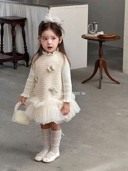 F25111 - Set 2ct QC Fanxiaoke áo len tăm + váy công chúa hồng/kem size 80-120