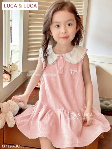 LU 1206 - Váy Luca sát nách cổ sen trắng thêu nơ ngực 2 màu hồng/xanh bé gái size 2-12y