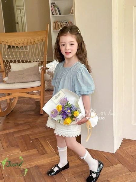 VJ135 - Set bộ thô June with love áo xanh cổ chun - quần trắng size 2 - 12y