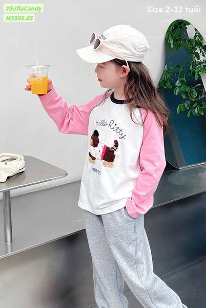 M5595 - Set Mia Kids áo thun trắng hình cún Hello Ritty tay hồng - quần nỉ màu ghi size 2 - 12y