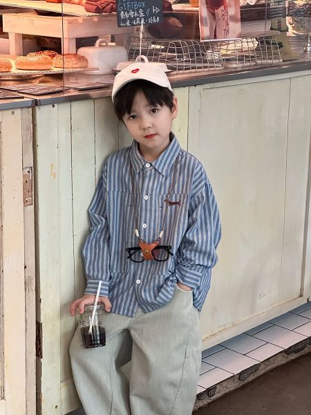 ABT14 - Áo sơ mi kẻ xanh thêu cún cho bé trai size 110-170