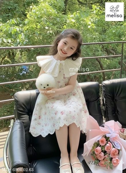 MLSDCC.6904 - Váy Melisa sát nách hoa hồng cổ kem size 1-10y