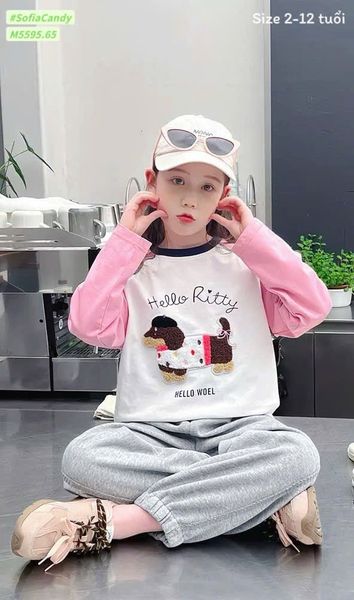 M5595 - Set Mia Kids áo thun trắng hình cún Hello Ritty tay hồng - quần nỉ màu ghi size 2 - 12y