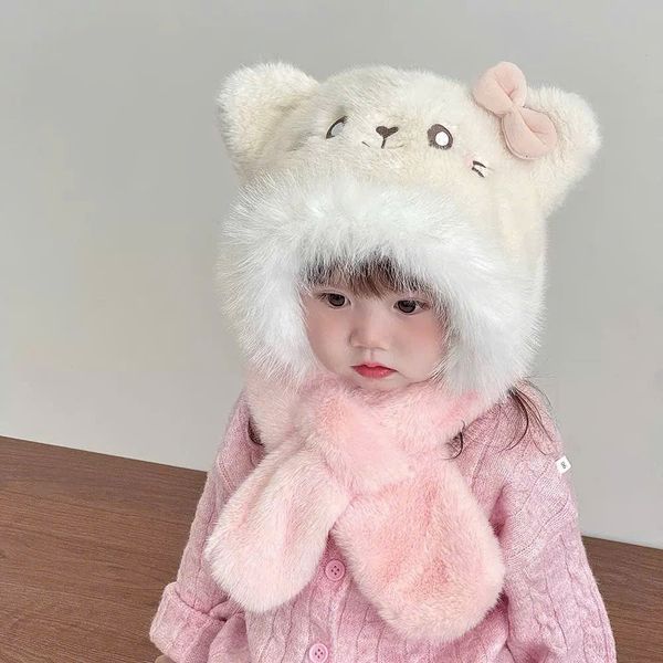 PK12 - Mũ choàng lông liền khăn hình mèo đeo nơ nhiều màu Free size 2 - 6y