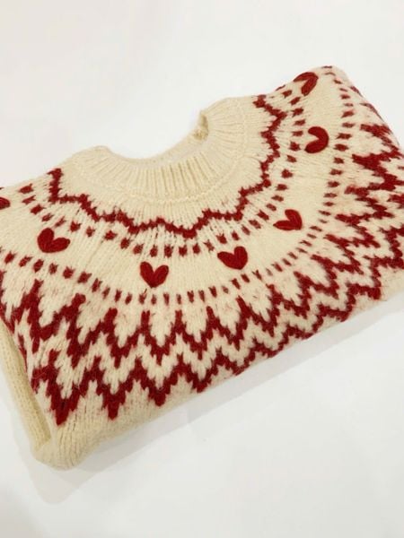 ALBG07 - Áo len màu be hoạ tiết thổ cẩm đỏ bé gái size 1-6y