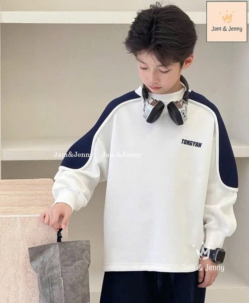 JJ 5989 - Bộ nỉ hai da Jam & Jenny áo trắng in 2 mặt + quần đen bé trai size 6-12y