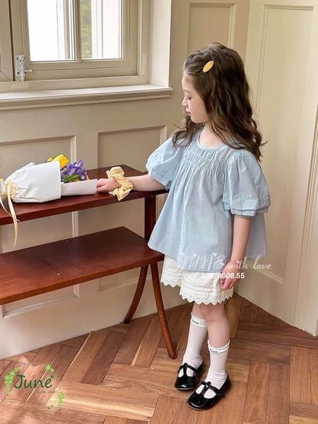 VJ135 - Set bộ thô June with love áo xanh cổ chun - quần trắng size 2 - 12y