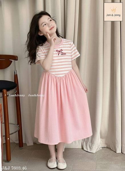 JJDCC.7603 -Váy Jam & jenny thân kẻ in nơ hồng + chân váy hồng xòe size 2-12y
