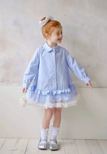 V00004 - Váy sơ mi thô phối chân voan 2 màu trắng / xanh size 12m - 10y