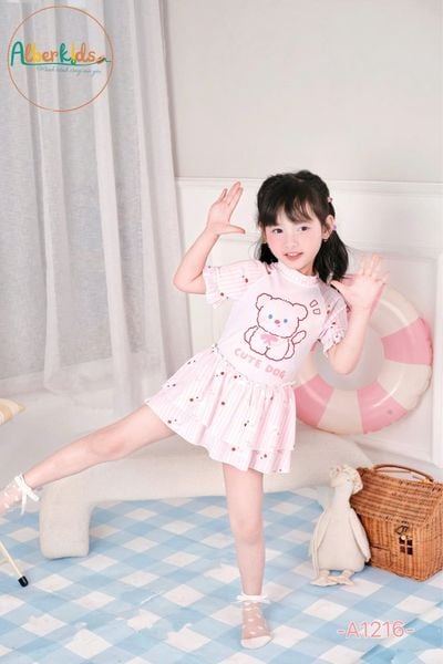 A1216 - Bộ bơi Alber Kids màu hồng hình gấu size 90-150