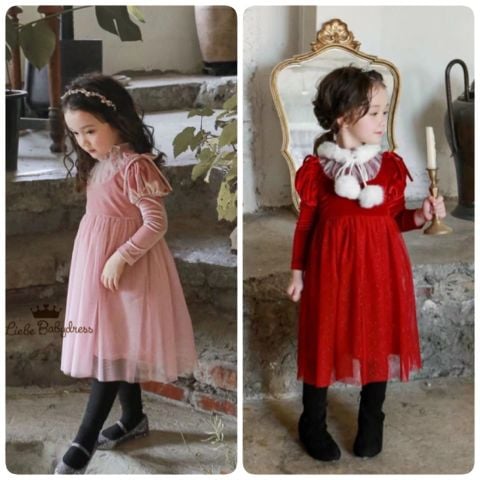 V00111 - Váy nhung vai bồng phối chân voan Liebe 2 màu hồng / đỏ size 1 - 9y