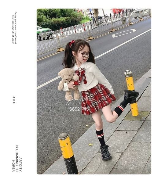 V00160 - Set áo sơ mi trắng đính nơ kẻ đỏ + chân váy kẻ đỏ bé gái size 2-12y