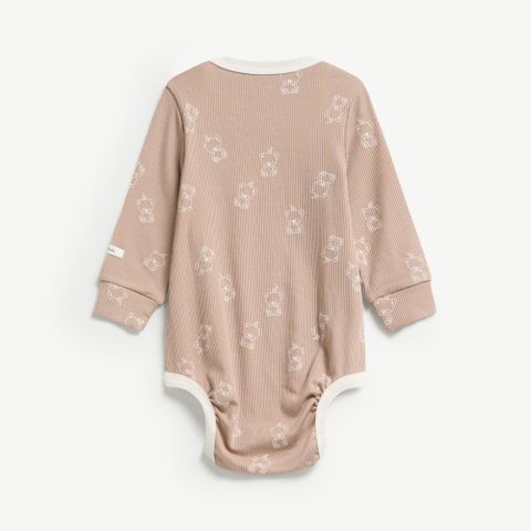  Bodysuit dài tay unisex vải tăm nâu phối viền trắng 
