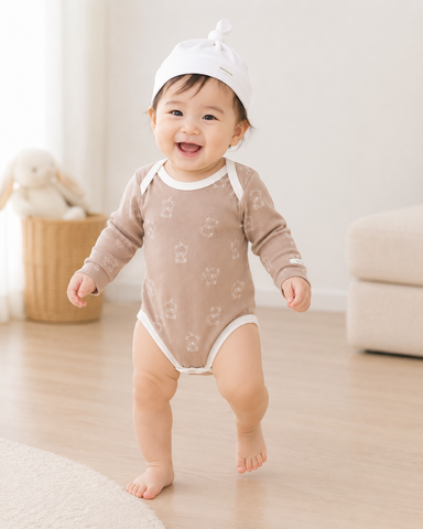 Bodysuit dài tay unisex vải tăm nâu phối viền trắng 