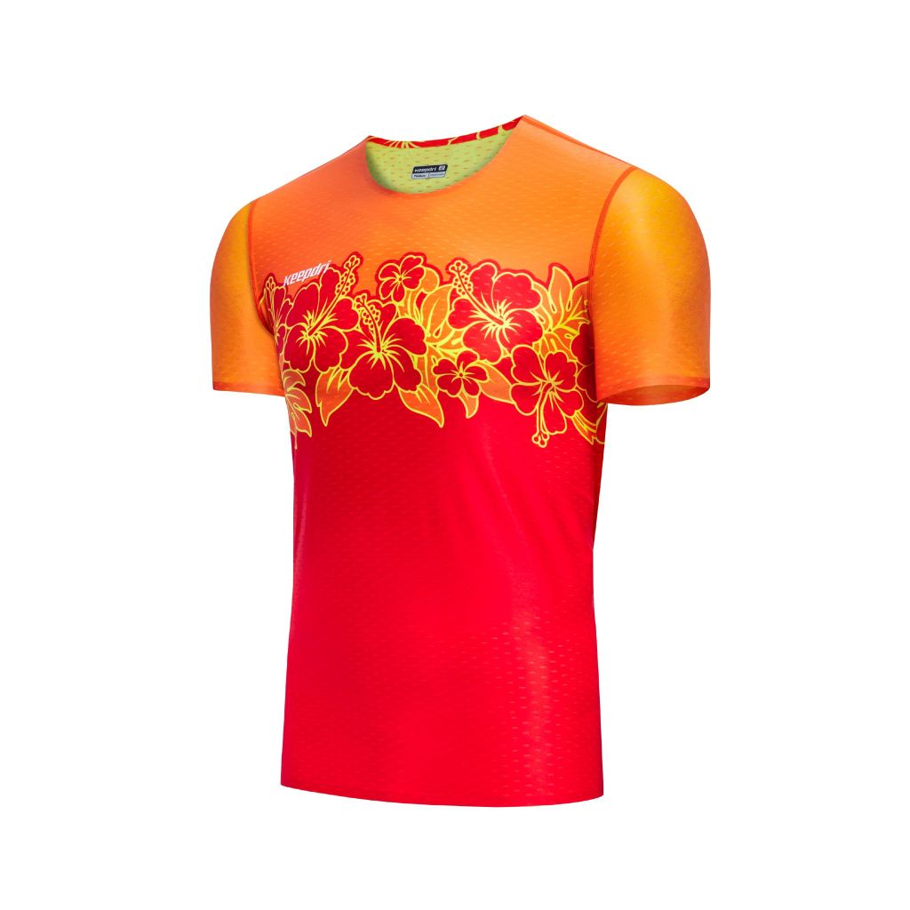 Áo thun thể thao không đường may họa tiết hoa lá đỏ