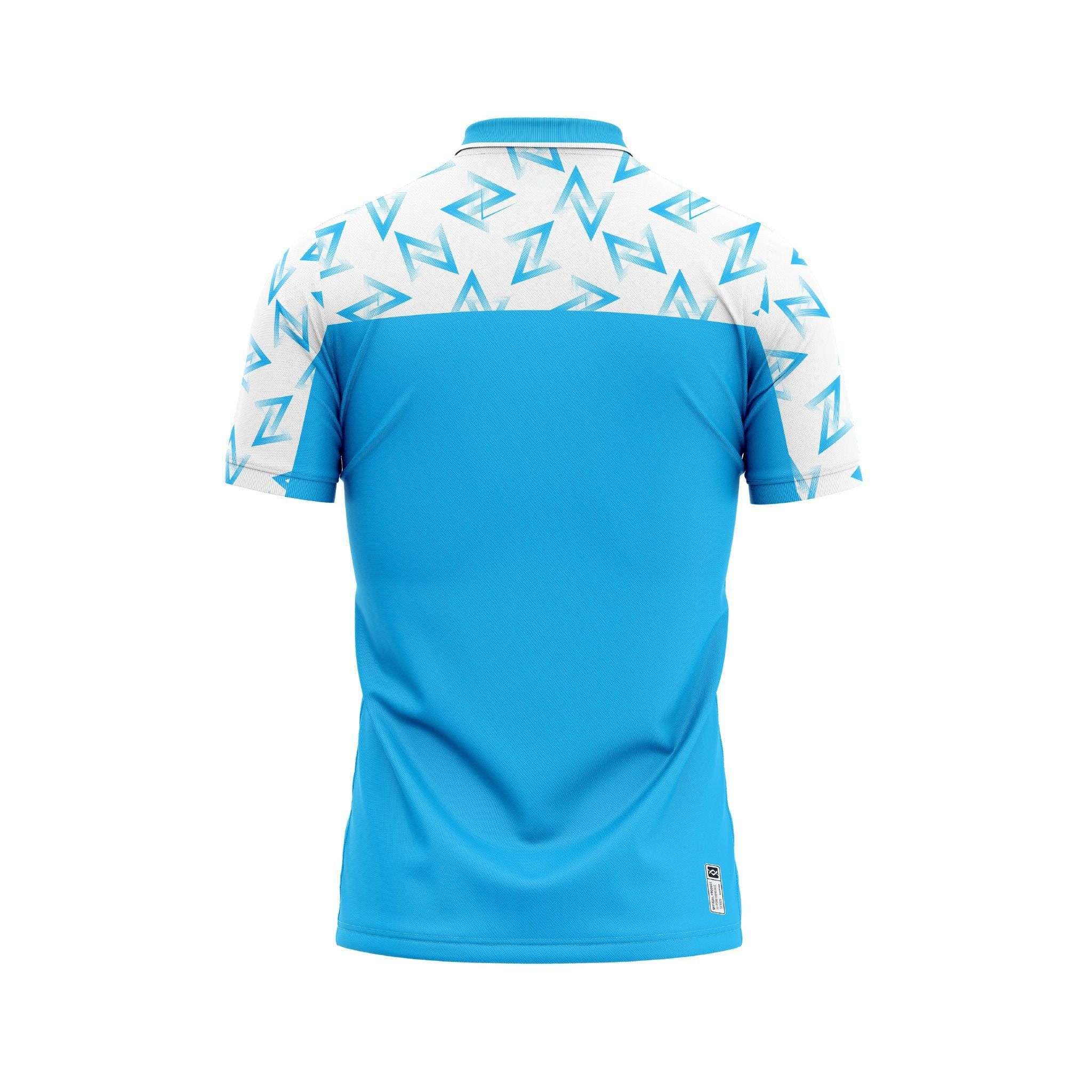  Thiết kế và sản xuất theo yêu cầu Áo polo đồng phục thể thao cổ polo tay ngắn họa tiết in thăng hoa Logo xanh xanh cyan trắng vải pha Polyester-Spandex co giãn 4 chiều OEM/ODM MOQ thấp 