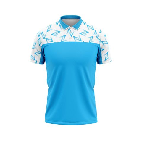 Thiết kế và sản xuất theo yêu cầu Áo polo đồng phục thể thao cổ polo tay ngắn họa tiết in thăng hoa Logo xanh xanh cyan trắng vải pha Polyester-Spandex co giãn 4 chiều OEM/ODM MOQ thấp