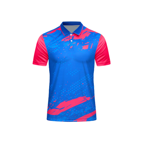 Thiết kế và sản xuất theo yêu cầu Áo polo thể thao Pickleball & Tennis cổ polo tay ngắn họa tiết in thăng hoa xanh dương phối màu vải pha Polyester-Spandex co giãn 4 chiều OEM/ODM MOQ thấp