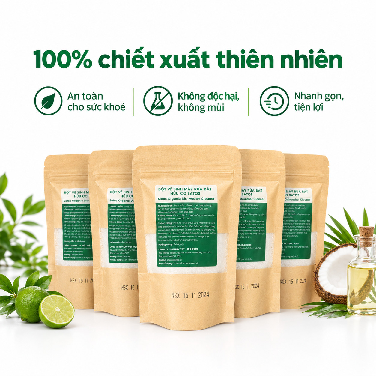  Bột Vệ Sinh Máy Rửa Bát Hữu Cơ Satos - Tẩy Cặn Vôi, Khử Mùi Hôi, Chiết Xuất Chanh Dầu Dừa, An Toàn Gia Đình 100g - KOCHI 