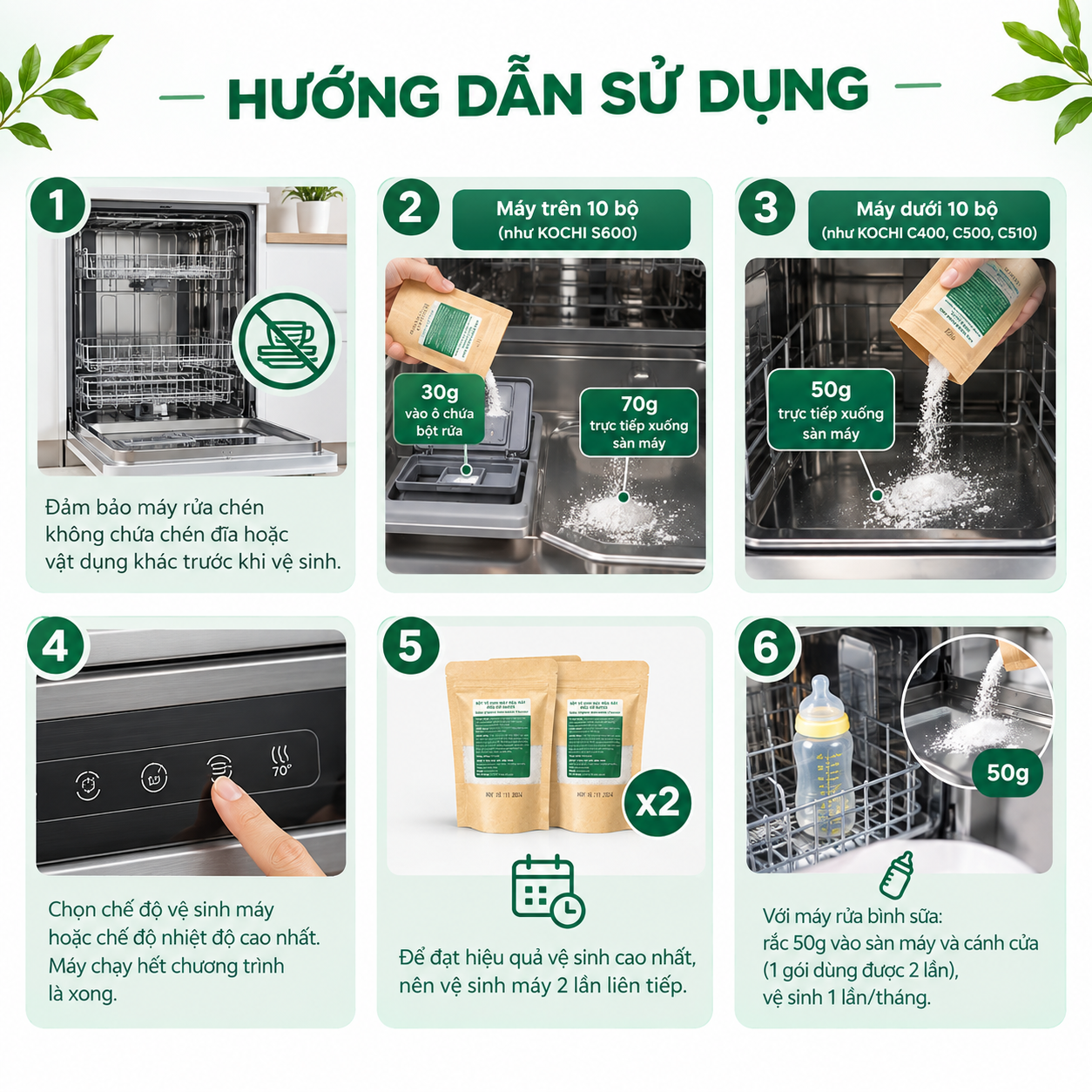  Bột Vệ Sinh Máy Rửa Bát Hữu Cơ Satos - Tẩy Cặn Vôi, Khử Mùi Hôi, Chiết Xuất Chanh Dầu Dừa, An Toàn Gia Đình 100g - KOCHI 