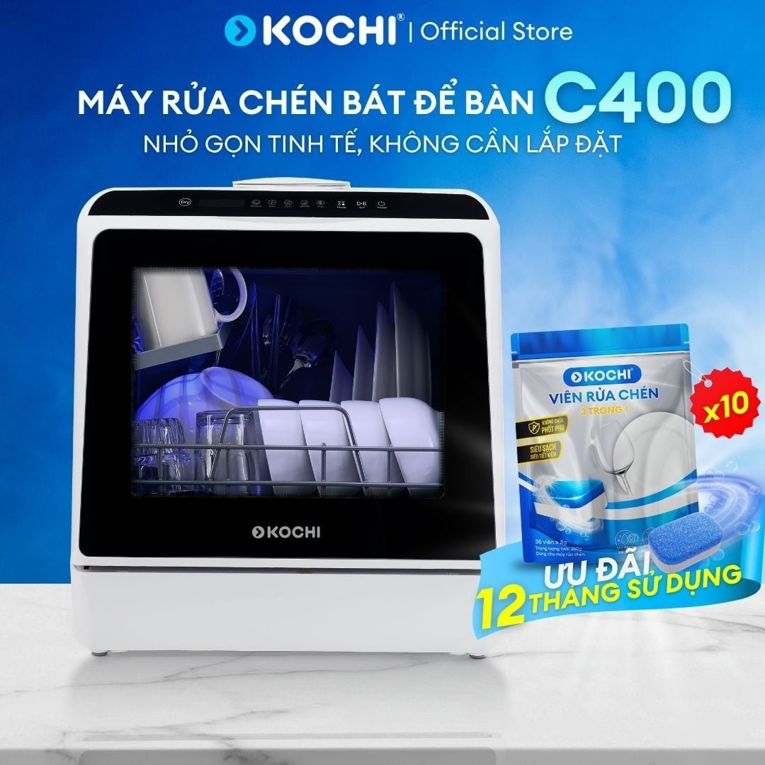  Máy rửa chén bát để bàn C400 - KOCHI Vietnam - Rửa nước nóng & Sấy khử trùng - 4 bộ - Tiết kiệm điện nước - Thông Minh 