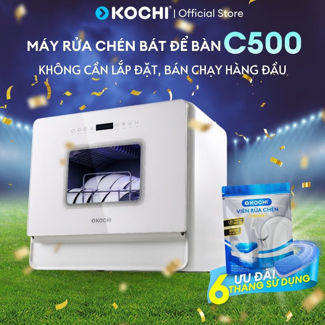  Máy rửa chén bát để bàn KOCHI C500 - Sức chứa 6 bộ - Không cần lắp đặt - 5+1 chương trình rửa, sấy nóng 