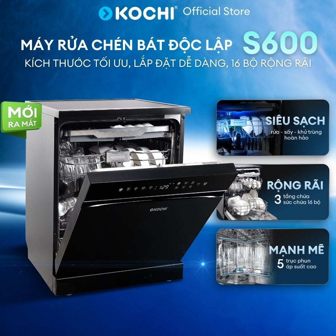  [Lắp đặt 0Đ -HCM/HN] Máy rửa chén độc lập KOCHI S600 - 16 bộ - 5 trục phun nước nóng 360° áp suất cao - Sấy khô PTC - Lưu trữ đối lưu 