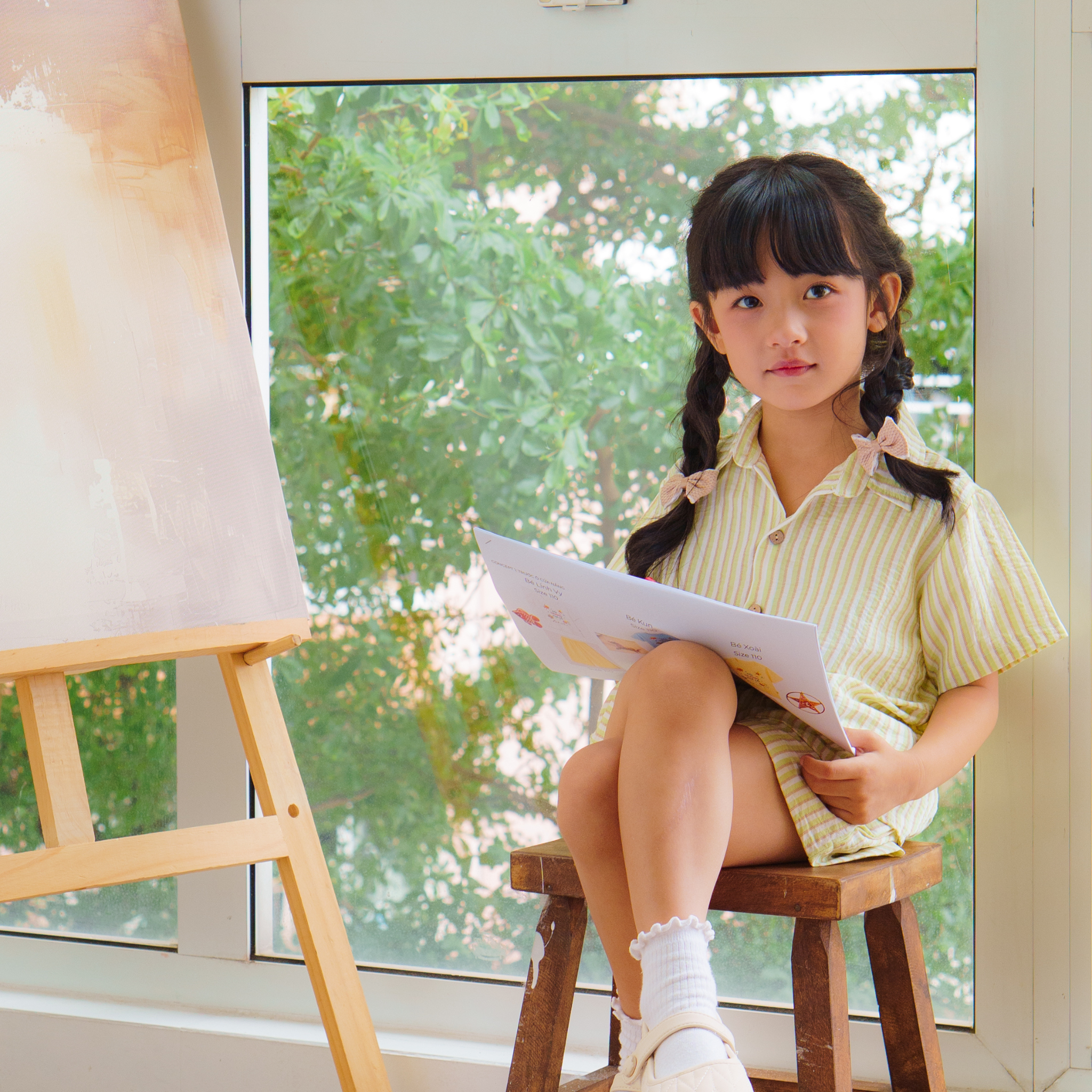 Set sơ mi tay ngắn quần short sọc vải đũi bé trai bé gái À Ú