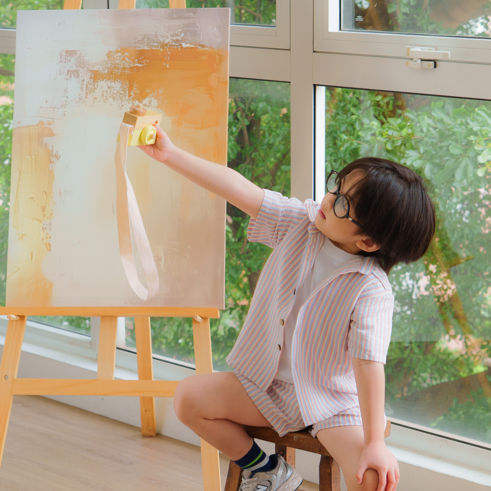 Set sơ mi tay ngắn quần short sọc vải đũi bé trai bé gái À Ú