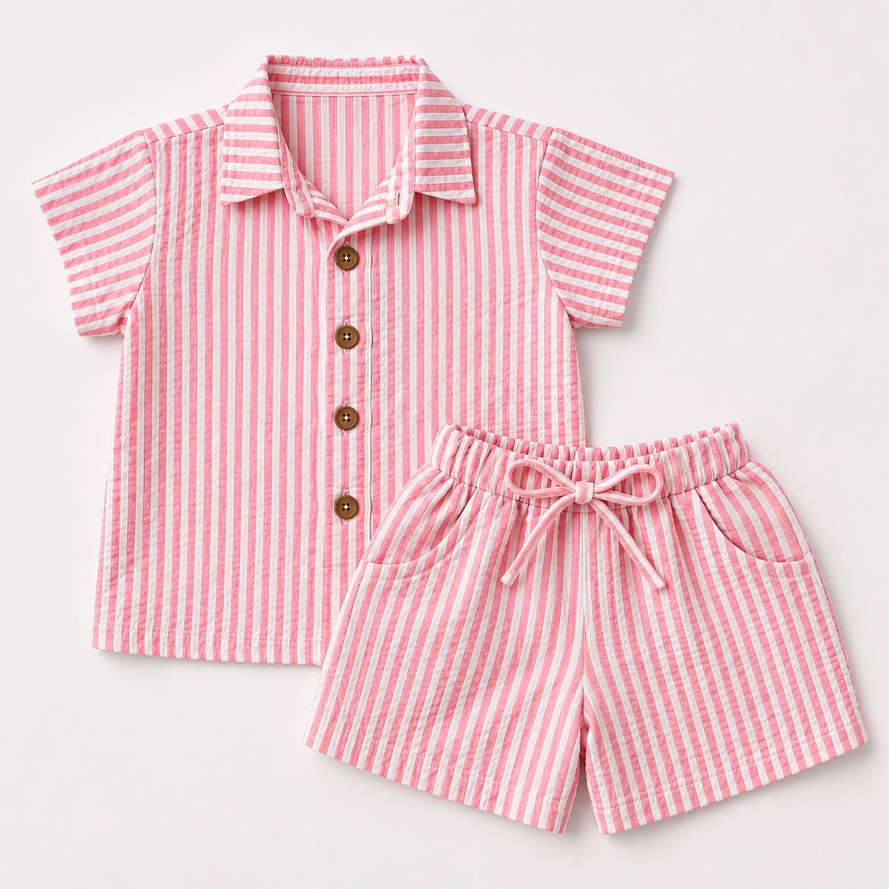 Set sơ mi tay ngắn quần short sọc vải đũi bé trai bé gái À Ú