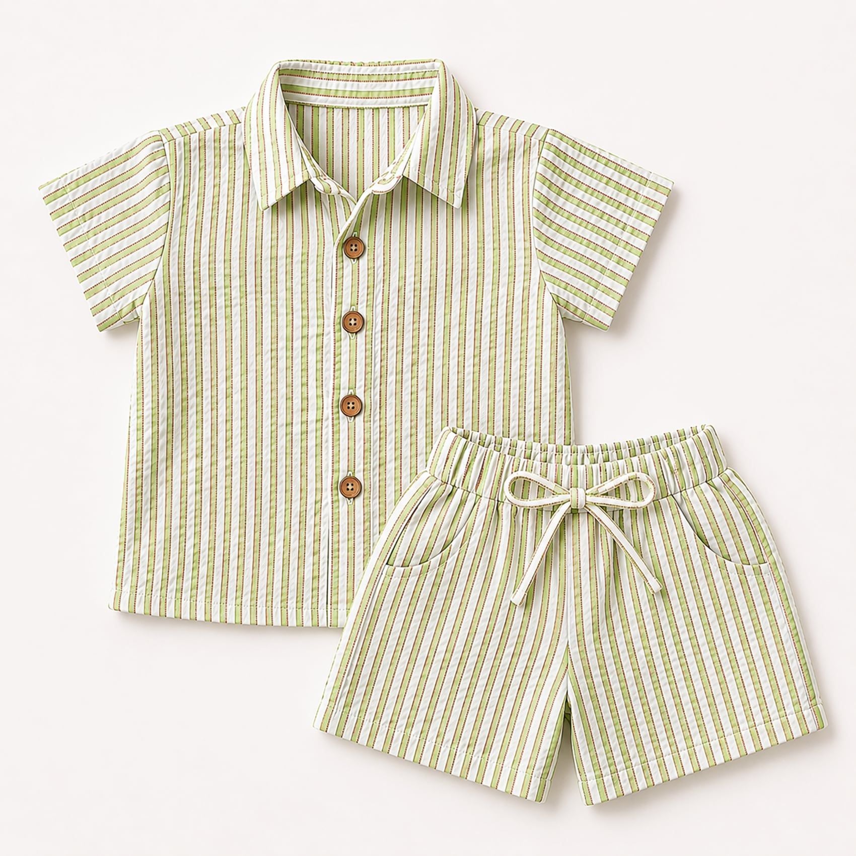 Set sơ mi tay ngắn quần short sọc vải đũi bé trai bé gái À Ú