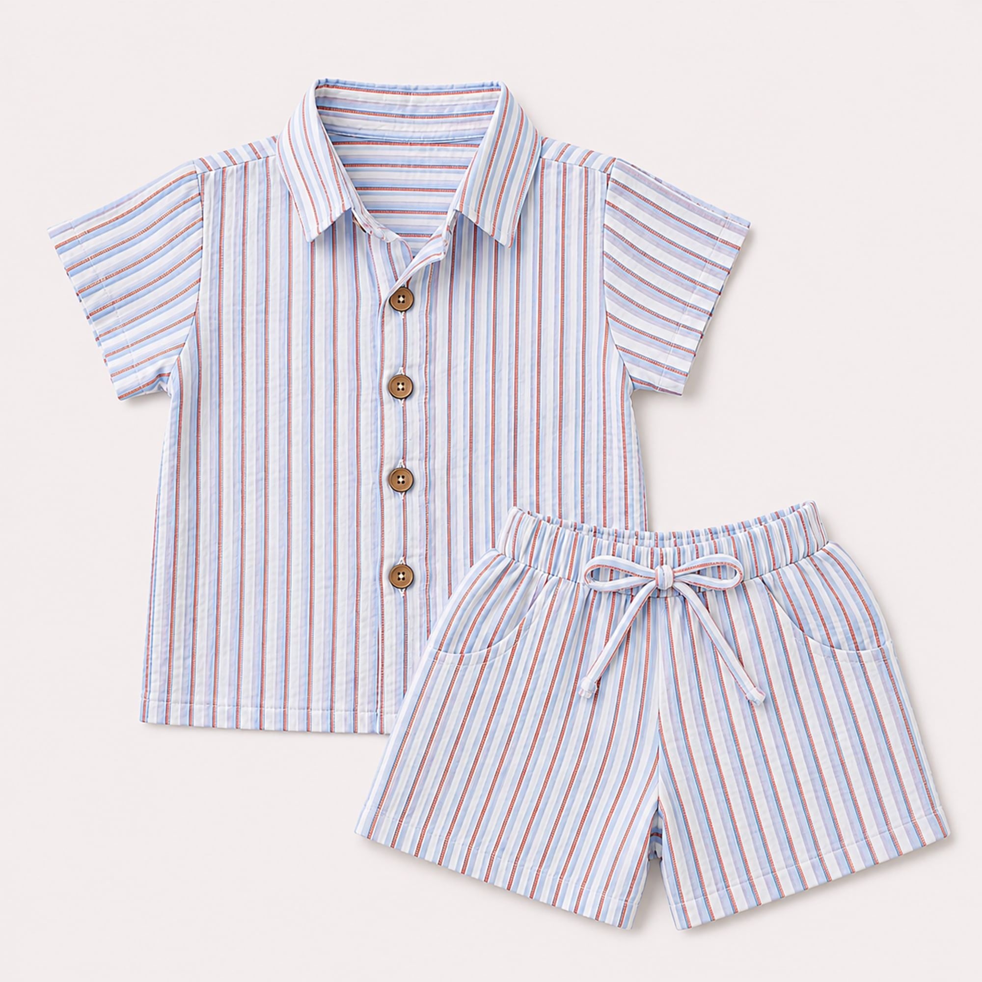 Set sơ mi tay ngắn quần short sọc vải đũi bé trai bé gái À Ú