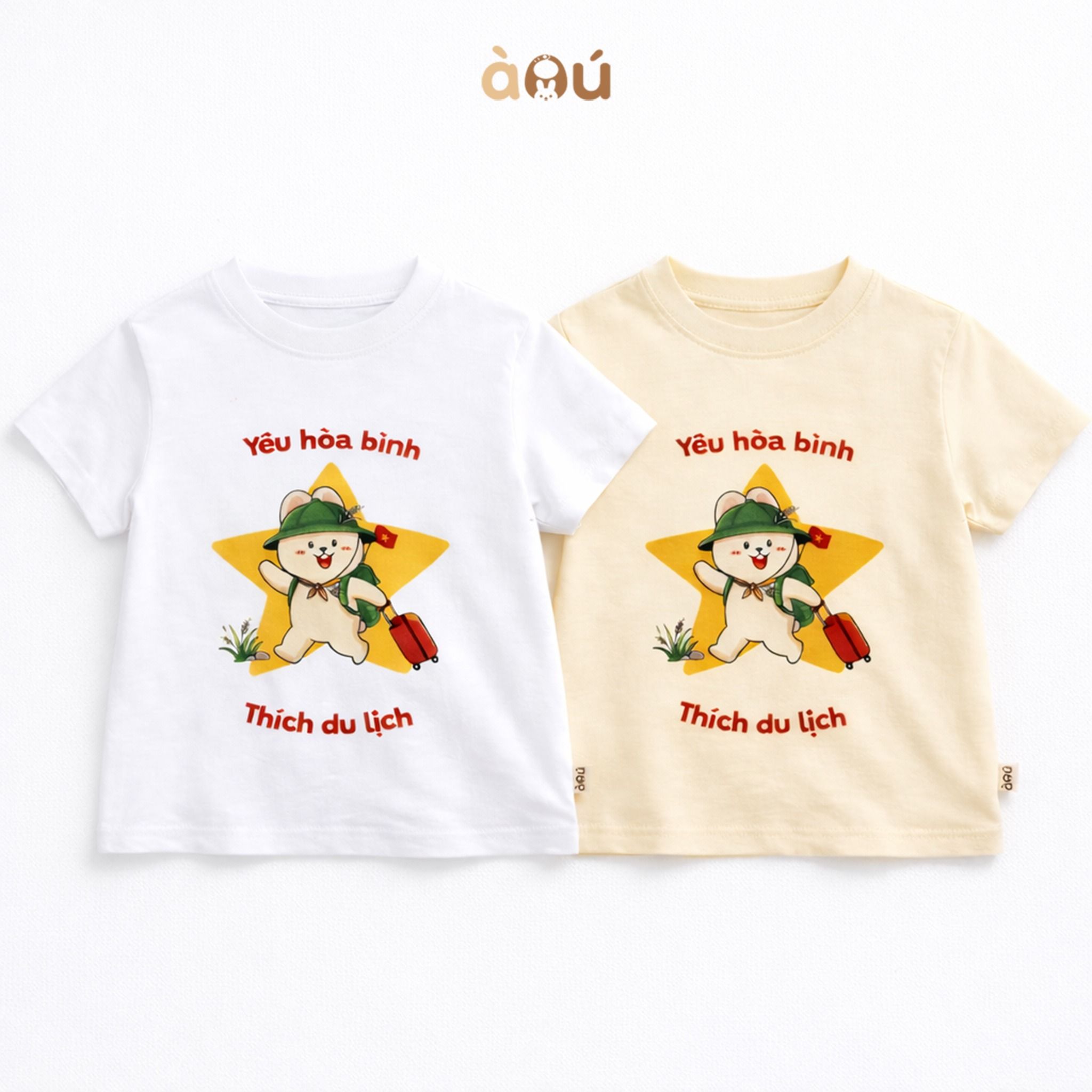 Áo thun tay ngắn in hình thỏ đi du lịch cho bé trai bé gái À Ú