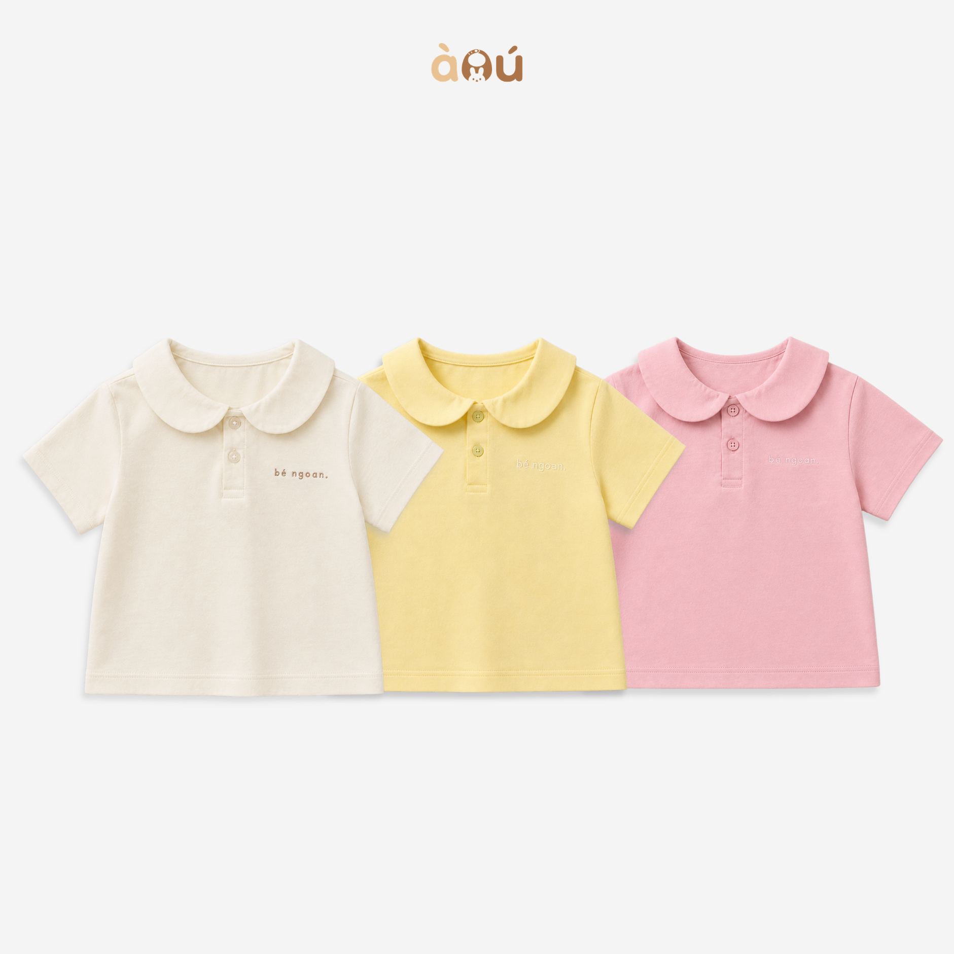Áo polo cổ sen bé gái thêu chữ bé ngoan À Ú