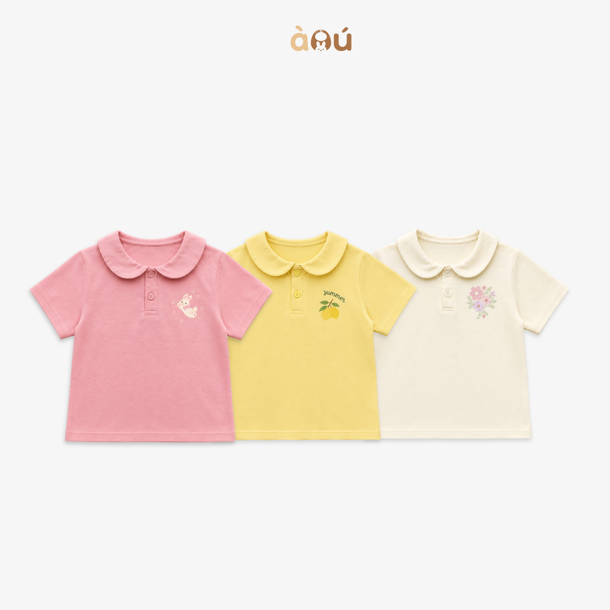 Áo polo cổ sen bé gái in hình hoạ tiết dễ thương