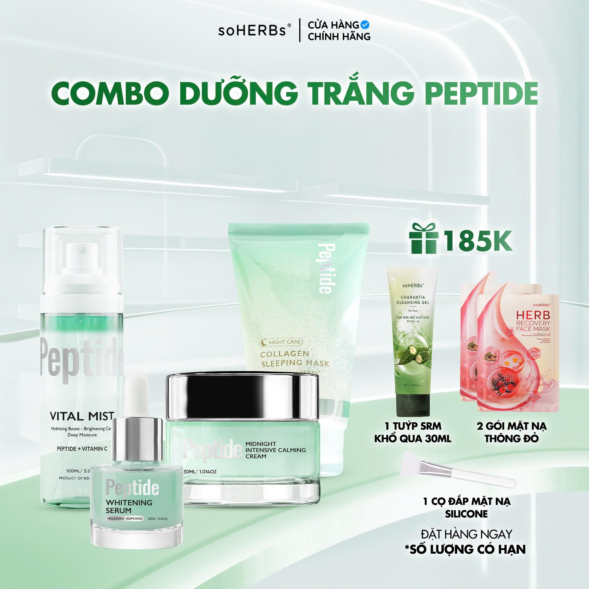  Combo Dưỡng Trắng PEPTIDE Soherbs Hỗ Trợ Dưỡng Sáng Da Đều Màu Da, Cấp Âm Cho Làn Da Mềm Mịn, Phục Hồi Da Skince Chăm Sóc Da Đẹp Đón Tết 