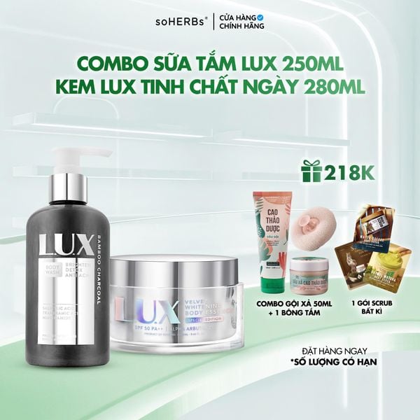  Combo Sữa Tắm LUX 250ml + Kem LUX Tinh Chất Ngày 280ml [Quà Tặng: 1 Combo Gội Xả Cao Thảo Dược Mini + 1 Bông Tắm + 1 Scrub] Hỗ Trợ Giảm Mụn Lưng, Dưỡng Sáng Da Đều Màu 