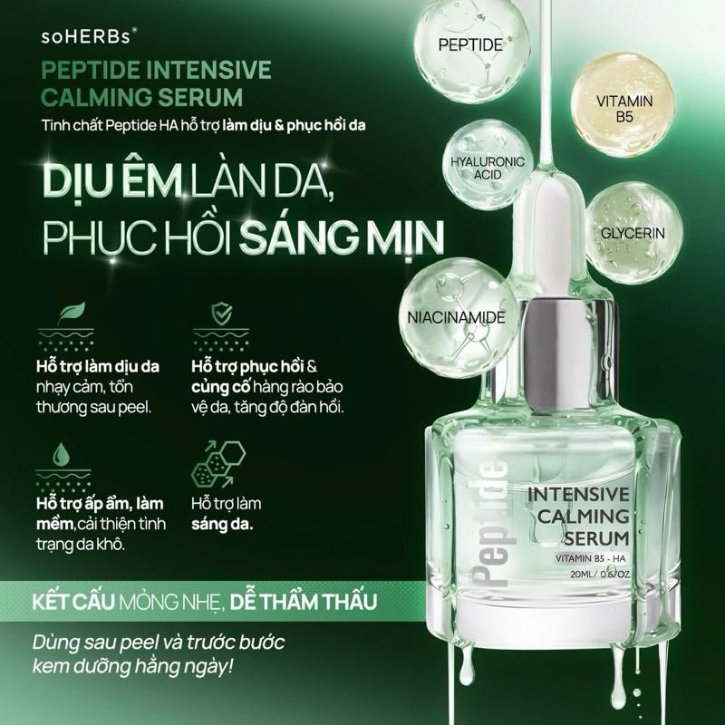  Tinh Chất Dưỡng HA Peptide Intensive Calming 20ml Hỗ Trợ Phục Hồi Cấp Ẩm Làm Dịu Da Giúp Làm Mềm Sáng Da Tặng 1 Gói SRM Khổ Qua 3ml 